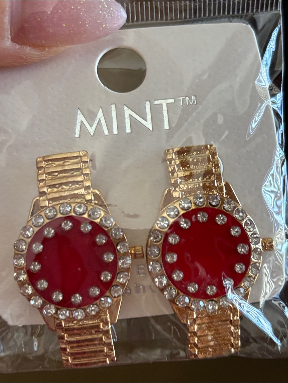 MINT Gold-Tone Women's Watch Earrings with Red Dial and Crystal Accents